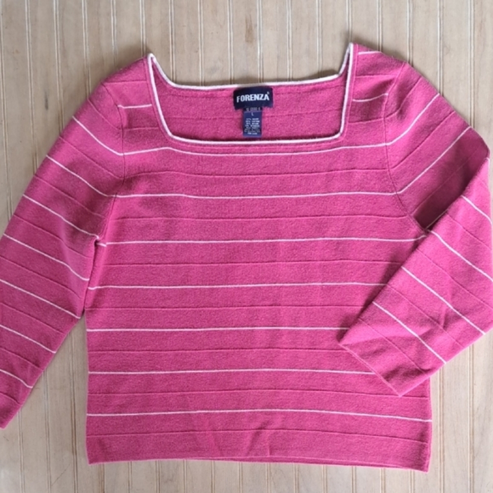 Forenza Striped Square Neck Cropped Cotton Blend Knit Soft Sweater Pink Wht